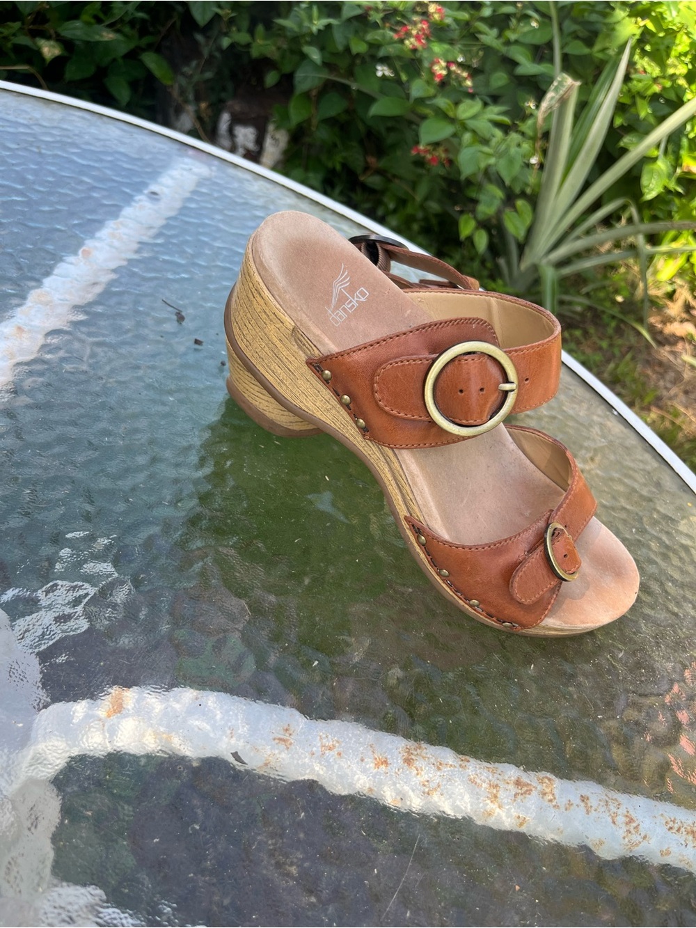 Dansko Brown Leather Wedge Sandals with Buckle Detail
